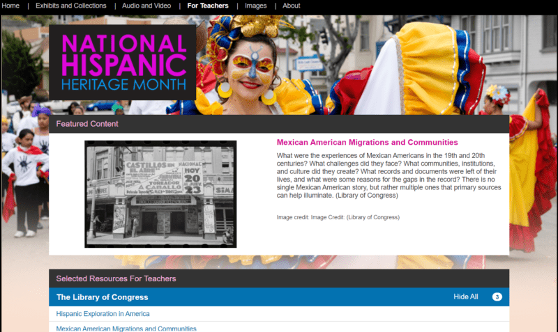 National Hispanic Heritage Month website for classroom