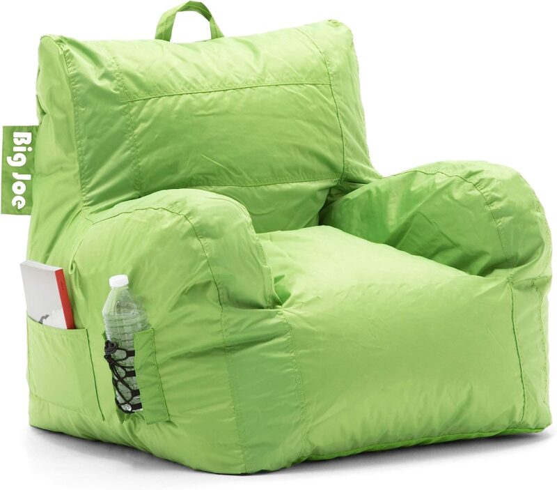 Bean bag chairs for kids include this neon green option that has a back, a seat, and two arm rests. There are two pockets to hold a book and a waterbottle.