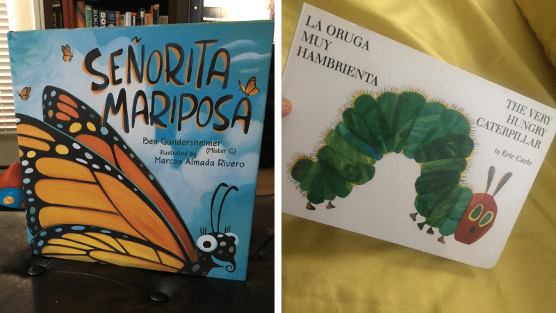 Bilingual books for kids covers: Senorita Mariposa with a large illustrated butterfly and La oruga muy hambrienta/The Very Hungry Caterpillar with an illustrated caterpillar