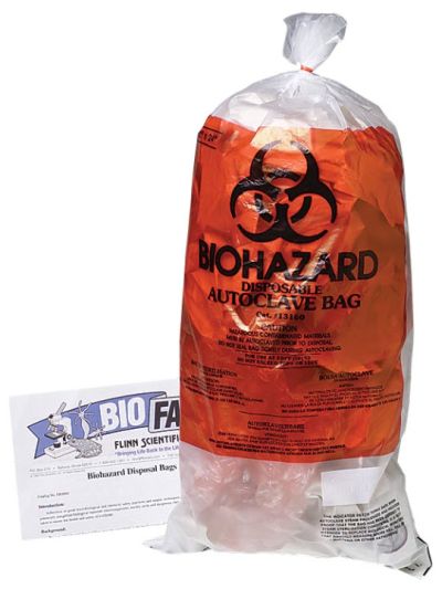 Plastic biohazard disposal bags marked with appropriate symbols