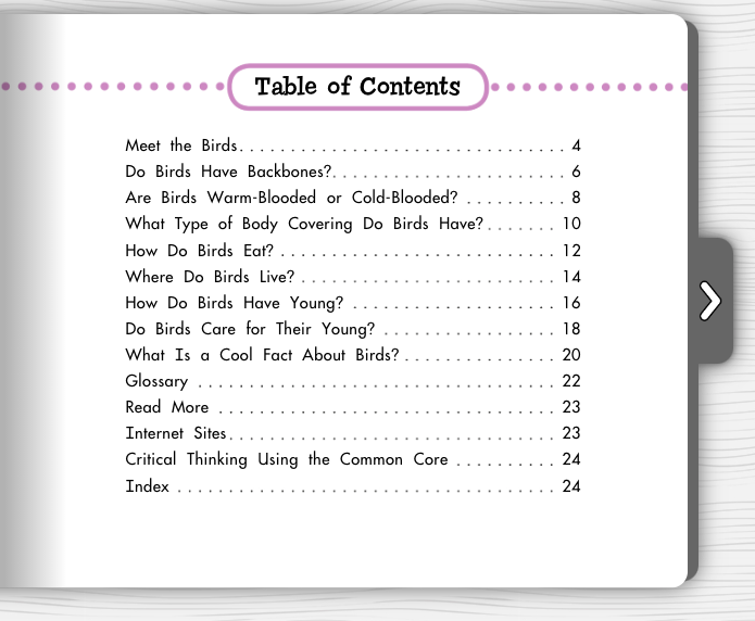 Sample page from Birds: A Question and Answer Book showing table of contents
