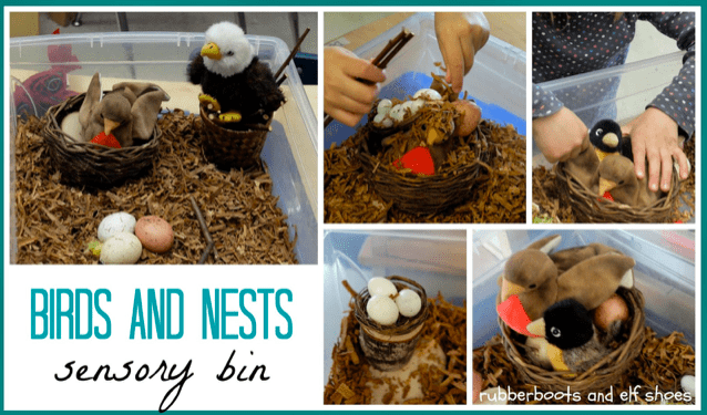 A collage of images of a sensory bin with shredded brown paper, pretend eggs, baskets used as bird nests and stuffed animal birds