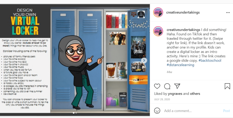 Bitmoji teacher sharing her locker full of posters of Avengers and coffee