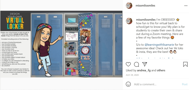 Teacher shares her Bitmoji locker with Green Bay Packers poster, laptop and tennis racket
