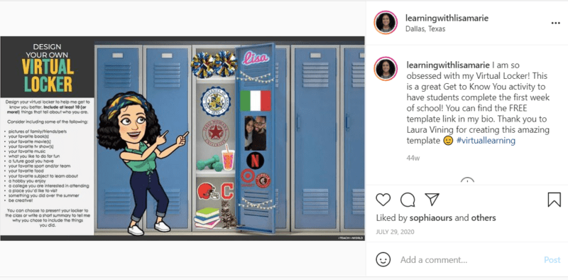 Bitmoji teacher shares virtual locker with Italian flag, football, and Netflix