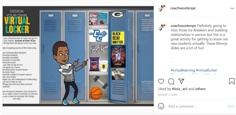 Bitmoji gym teacher with Black Lives Matter sign and basketball in locker