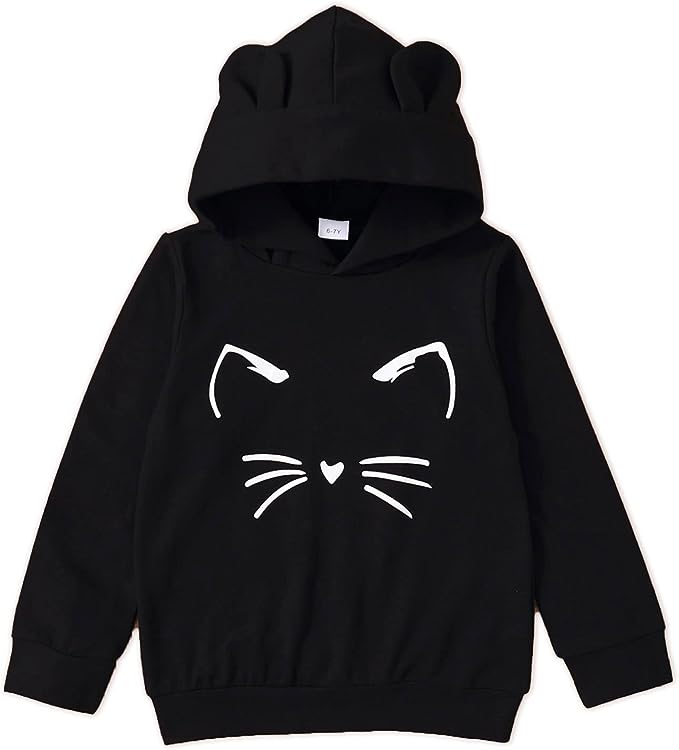 A black sweatshirt with a hood has cat ears and features an outline of a cat on the front.