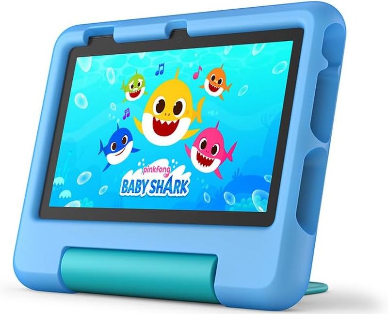 Amazon Fire 7 Kids Tablet in a blue case showing a video of Baby Shark