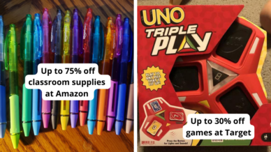 Black Friday deals for teachers including up to 75% off classroom supplies like flair pens at Amazon and up to 30% of games like Uno Triple Play at Target