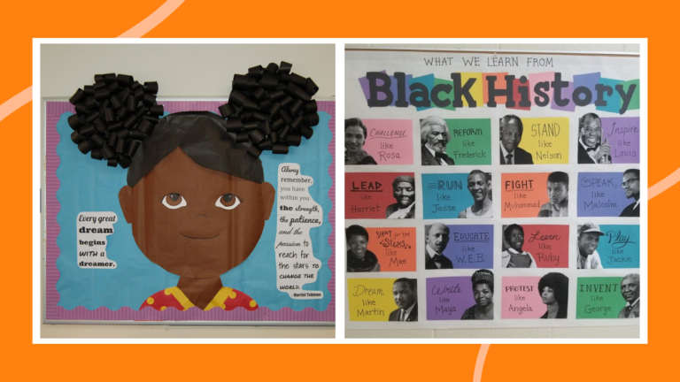 Two examples of Black History Month bulletin board ideas.