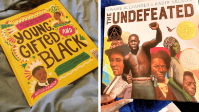 Example of Black History Month books, including Young, Gifted and Black and The Undefeated.