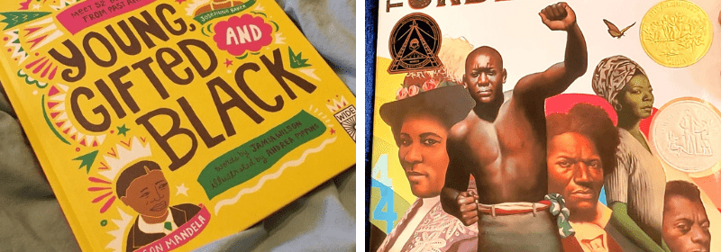 Example of Black History Month books, including Young, Gifted and Black and The Undefeated.