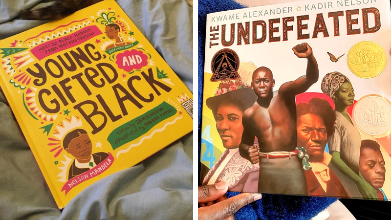 Example of Black History Month books, including Young, Gifted and Black and The Undefeated.