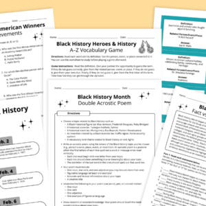 Flay lay of Black History Month worksheet and activity bundle pages on a yellow background