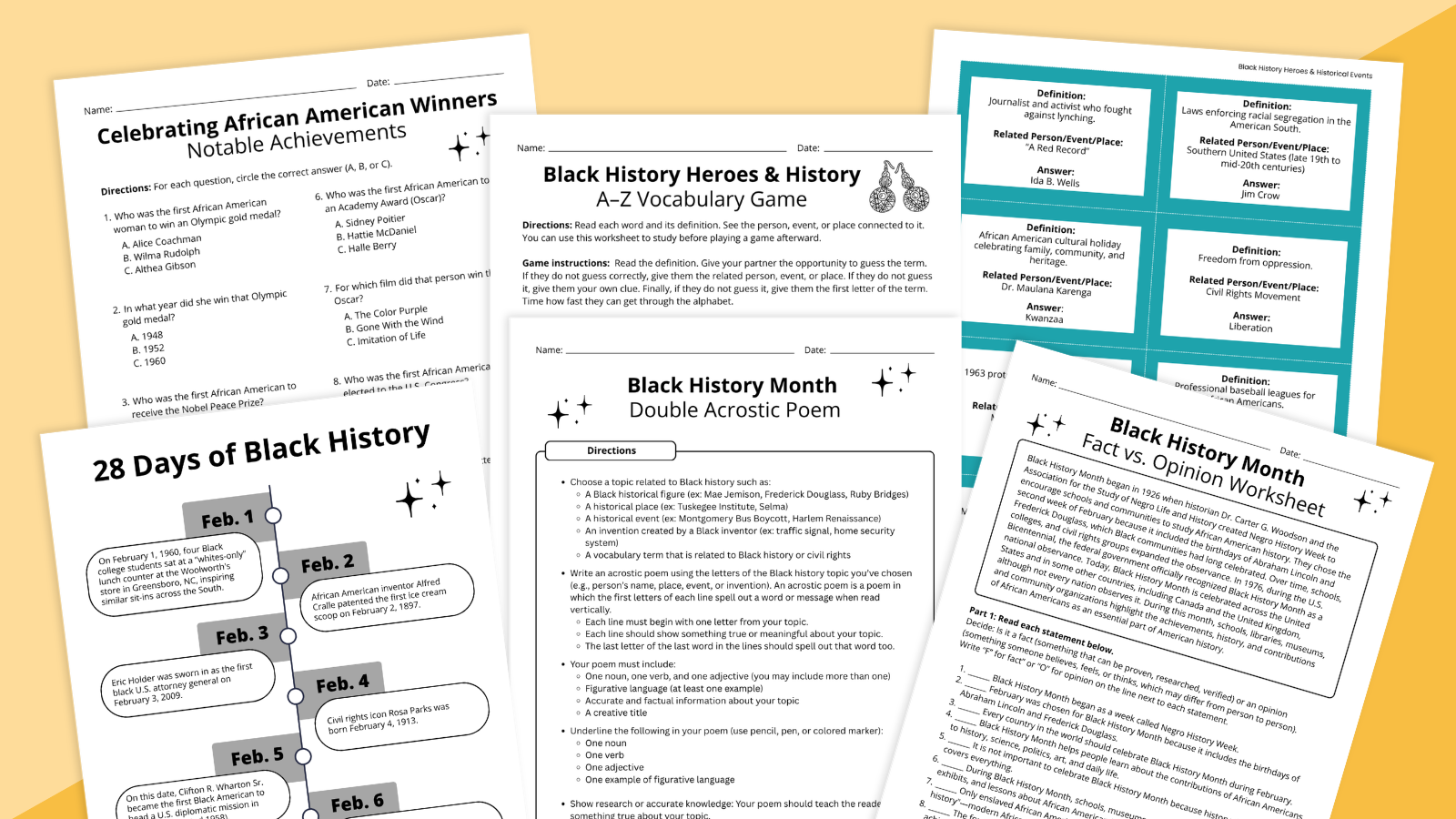 Flay lay of Black History Month worksheet and activity bundle pages on a yellow background