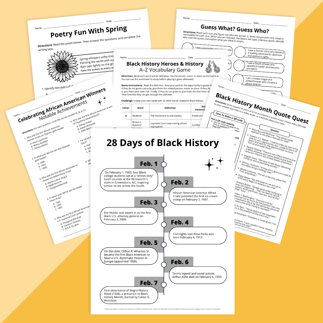 Flat lay of Black History Month worksheet and activity bundle on a yellow background