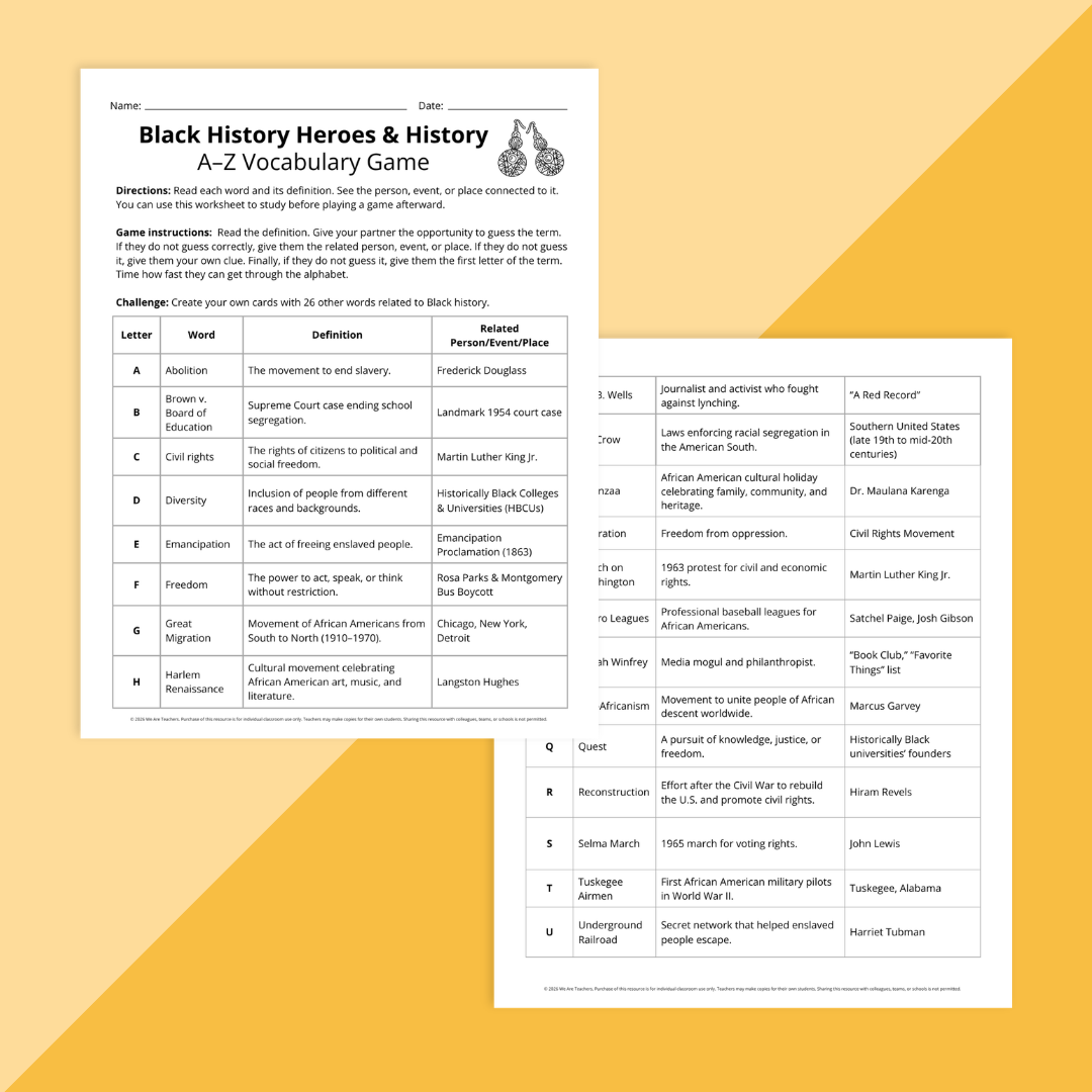 Flat lay of two Black History Month worksheets vocabulary game