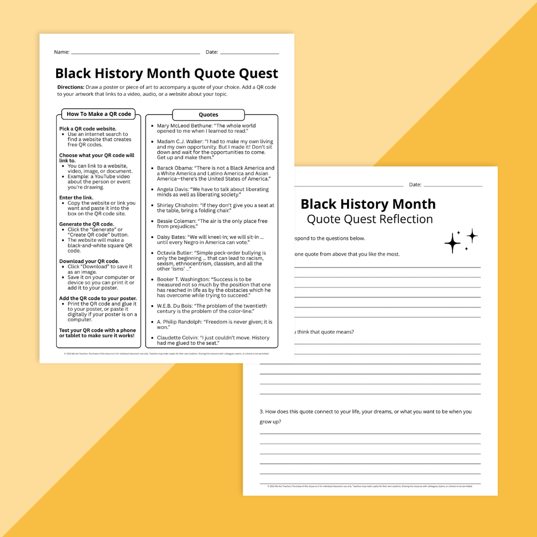 Flay lay of Black History Month quote game worksheets