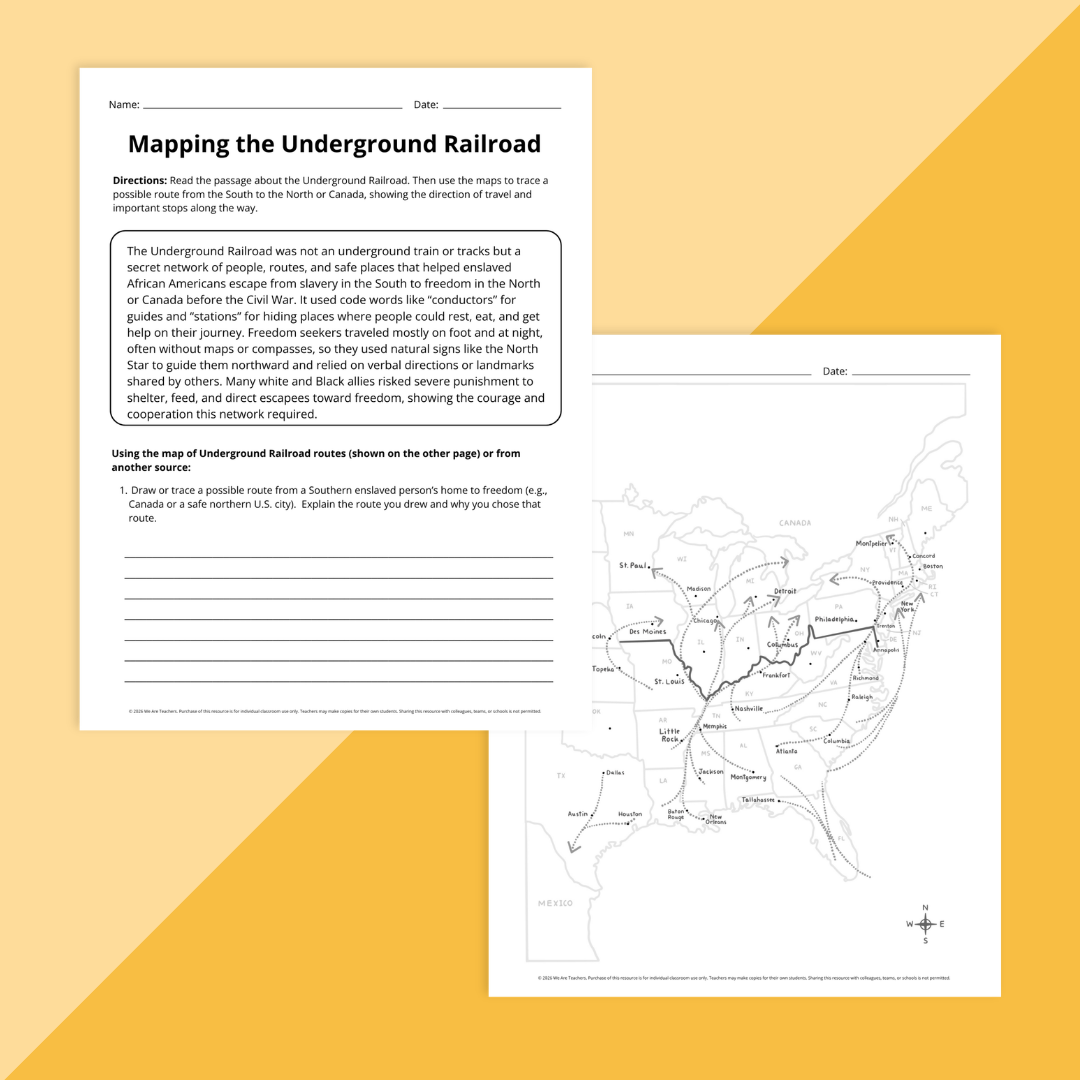 Flay lay of two Black History Month worksheets about the Underground Railroad