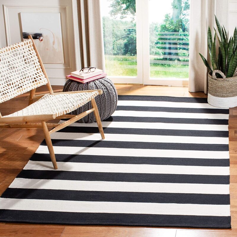 Black and white striped rug.
