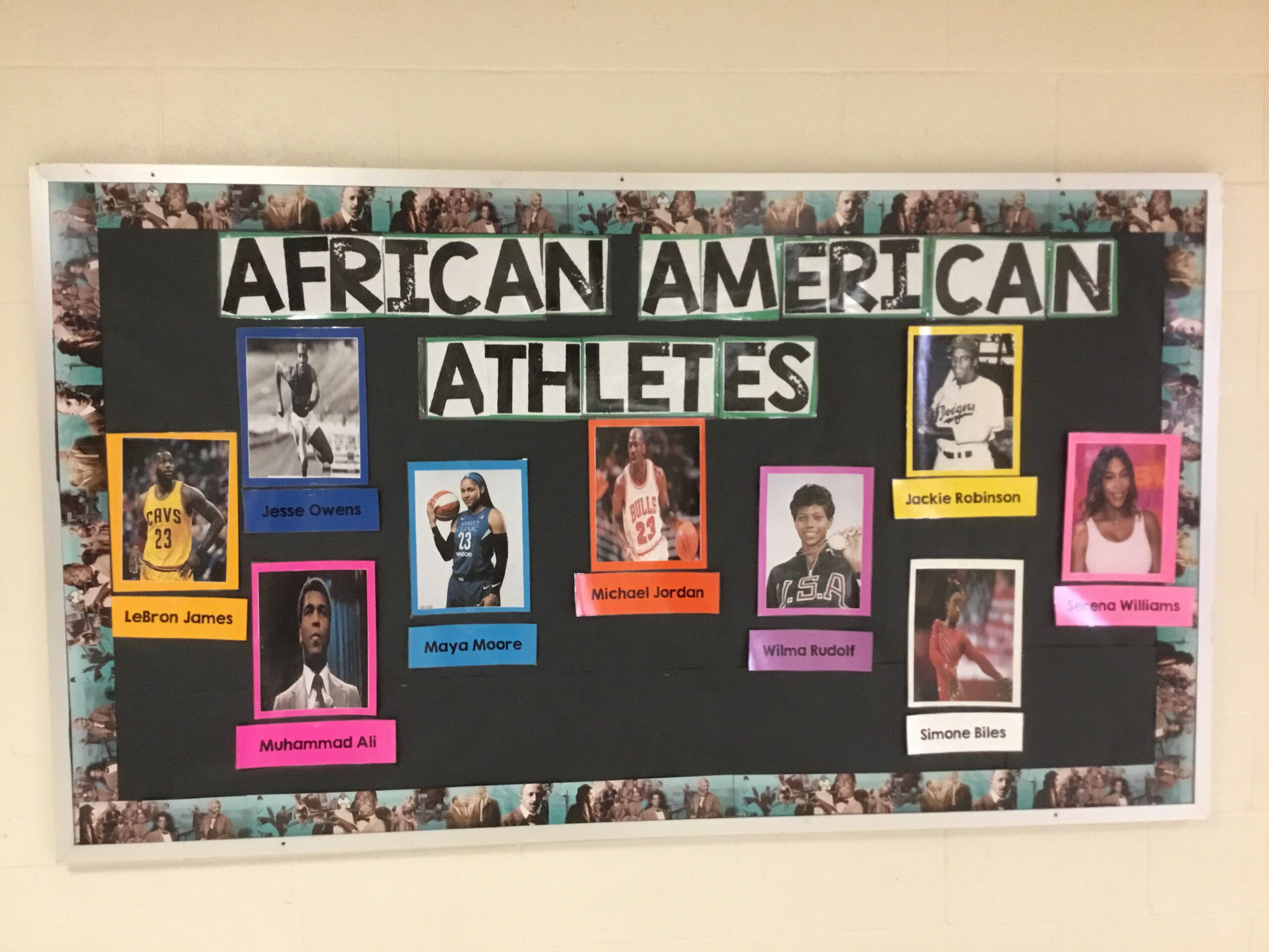 A black background says African American Athletes. It has pictures and descriptions of prominent Black athletes.