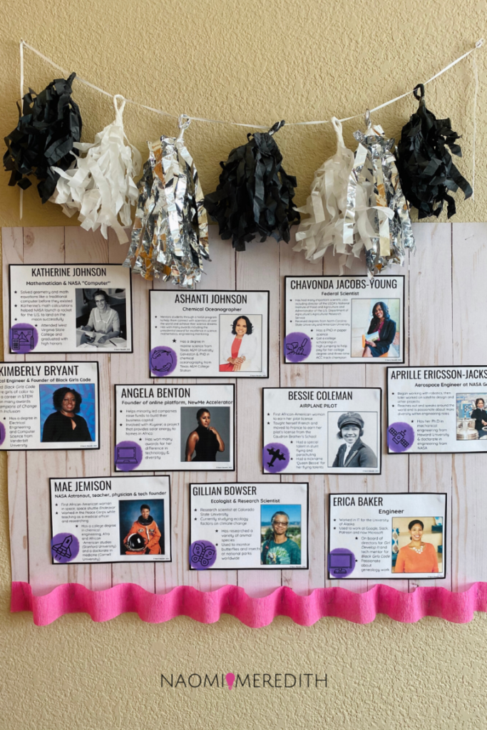 a tasseled garland appears over several pictures of women in STEM with blurbs about each one.