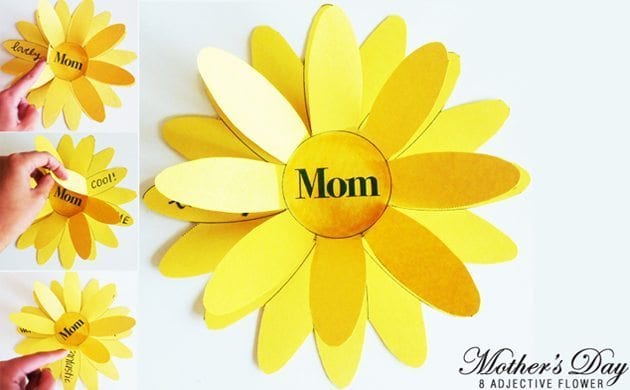 A yellow flower says Mom in the middle the petals open up to reveal adjectives (mother's day crafts for kids)