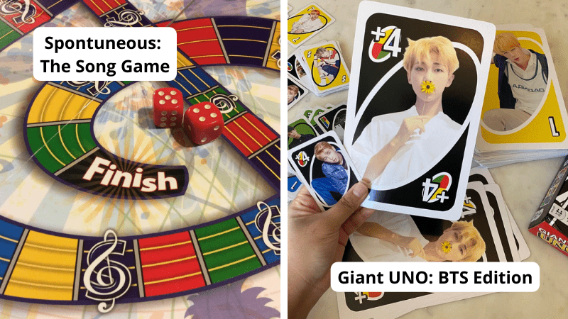 Examples of board games for teens including Giant Uno: BTS Edition and Spontuneous: The Song Game