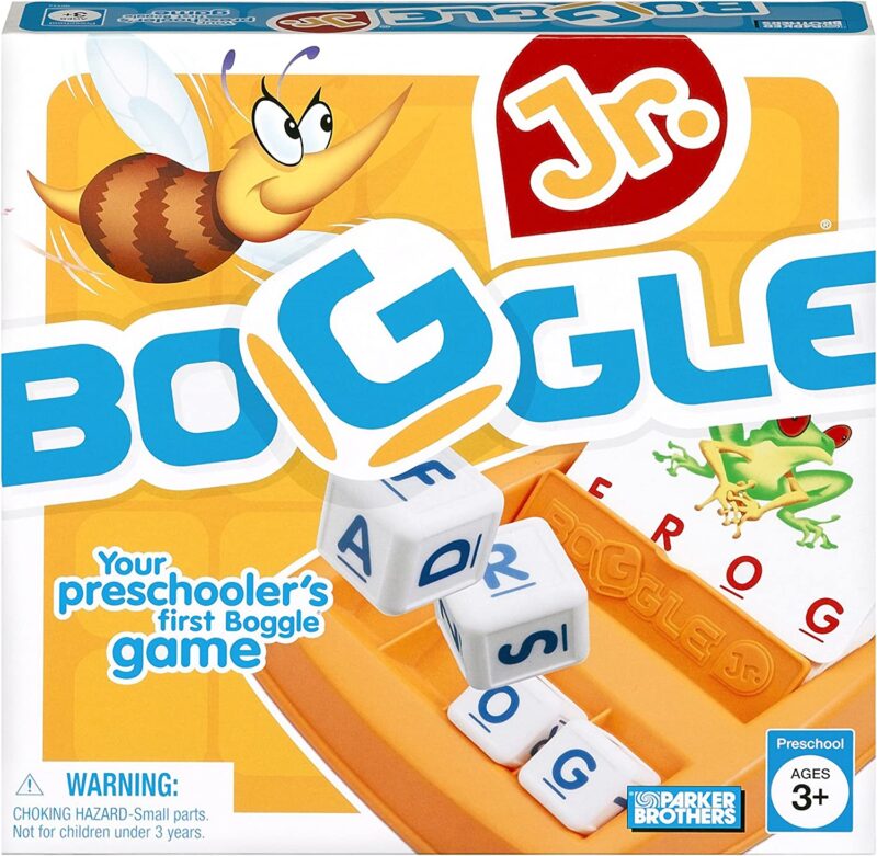 A yellow box says Boggle Jr. It has a cartoon bee. (educational board games)