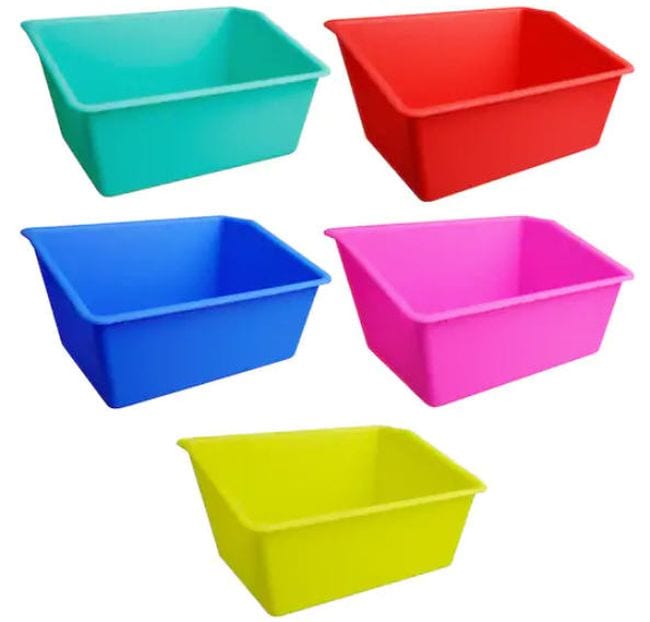 Wide book bins in teal, red, blue, pink, and yellow
