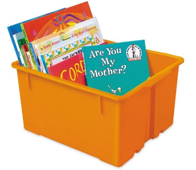 Orange square bin filled with children's books