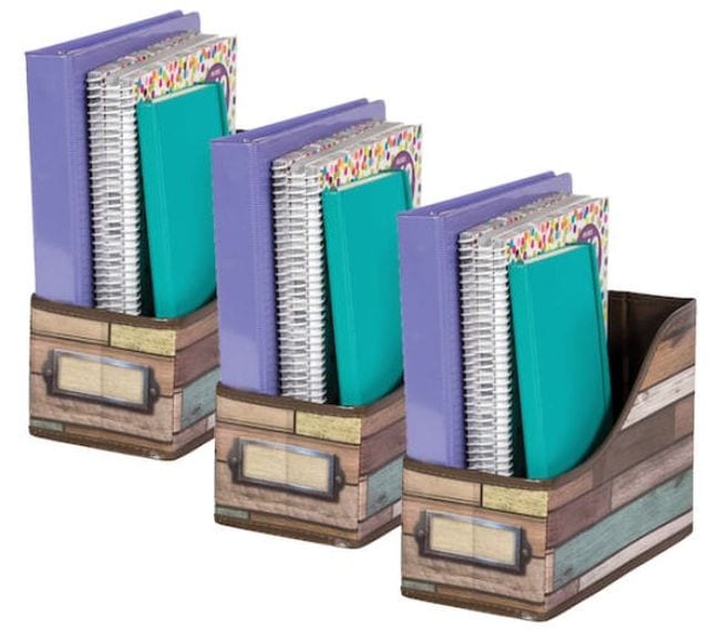 Reclaimed wood print book bins holding colorful binders