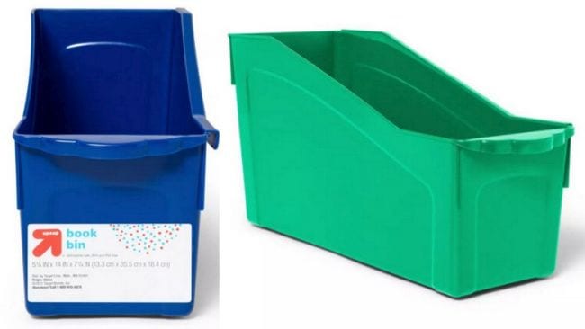 Blue and green bin for holding folders or books