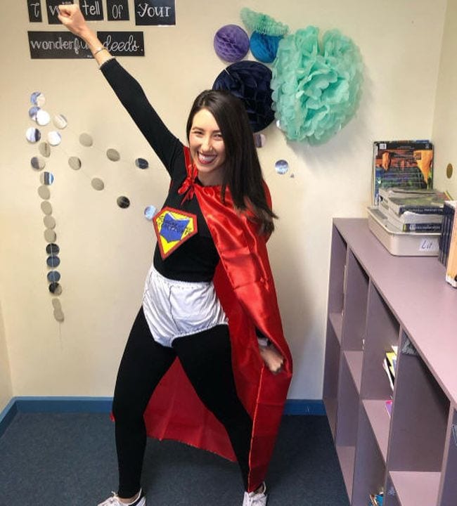 Book character costume ideaslike this one shows a woman in a black bodysuit with large pair of underpants, red cape, and Captain Underpants logo (Book Character Costume Ideas)