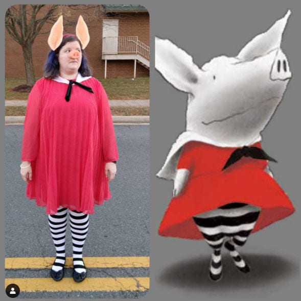 Woman wearing red dress, black and white stockings, and pig nose and ears standing next to the book character Olivia- book character costume