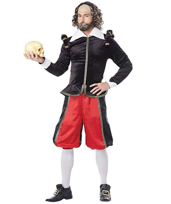 Man dressed as William Shakespeare holding a skull (Book Character Costume Ideas)