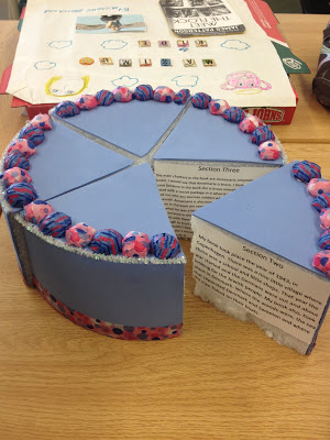 A purple birthday cake made out of a foam block and colored paper cut into wedges. On each wedge is a written paragraph.