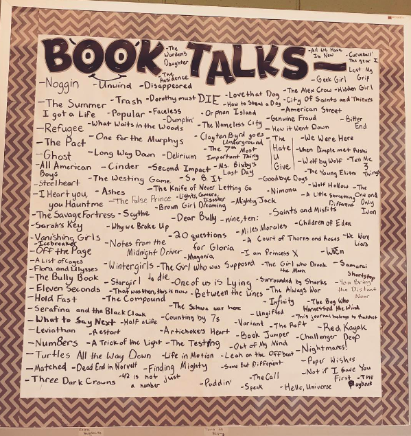 A classroom poster titled Book Talks with a list of books read by the class below
