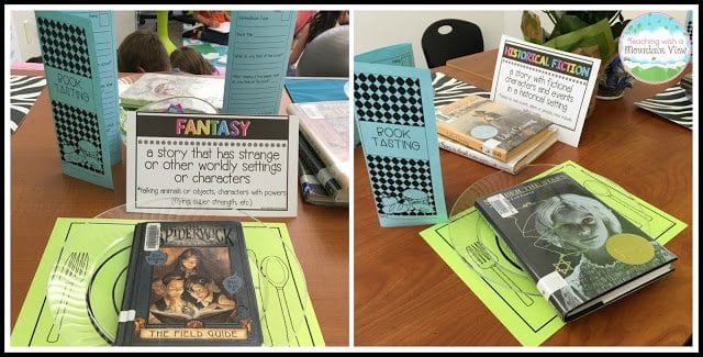 a book tasting set up in a classroom