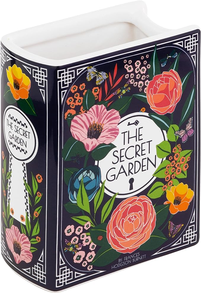 decorative vase that looks like a book of the secret garden for a gift idea for a book lover 