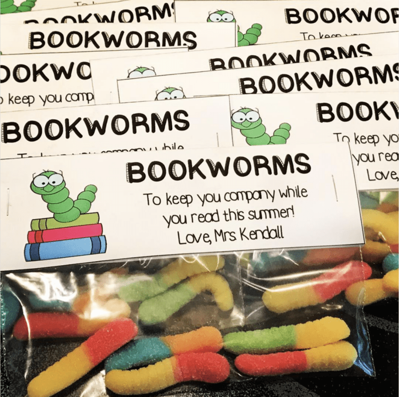 Gummy worms in a cellophane bag with a fun label attached