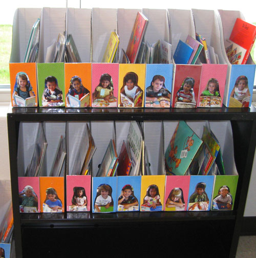 magazine files are in bright colors and each have a photo of a child reading on them.