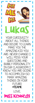 Personalized end of year book mark with letter to student from teacher