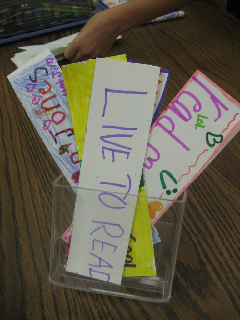 an assortment of colorful student-made bookmarks