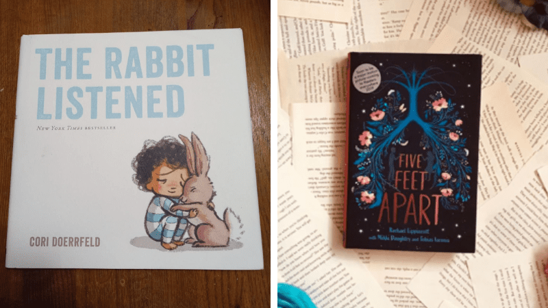 Examples of children's books about death including The Rabbit Listened and Five Feet Apart book covers