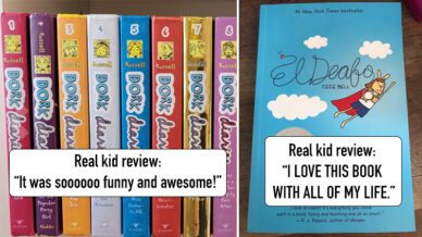 Collage of books like 'Diary of a Wimpy Kid' with kid reviews