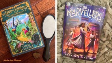 Books like Percy Jackson, including The Book of Stories on wood table with handheld mirror, and The Marvellers on a woven run