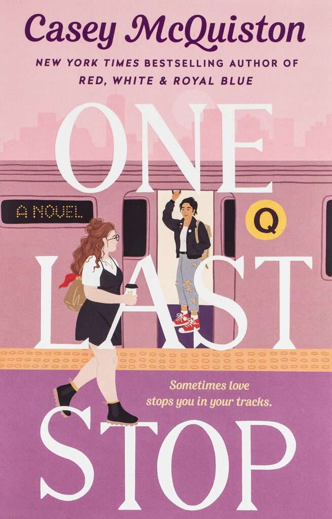 Women getting onto a pink train on cover of One Last Stop