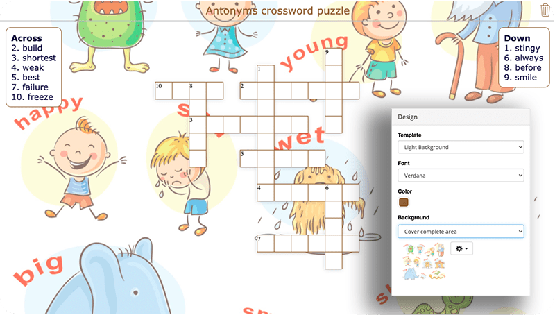 BookWidgets screenshot with illustrations of kids showing emotions and a crossword puzzle, as an example of Google Classroom apps