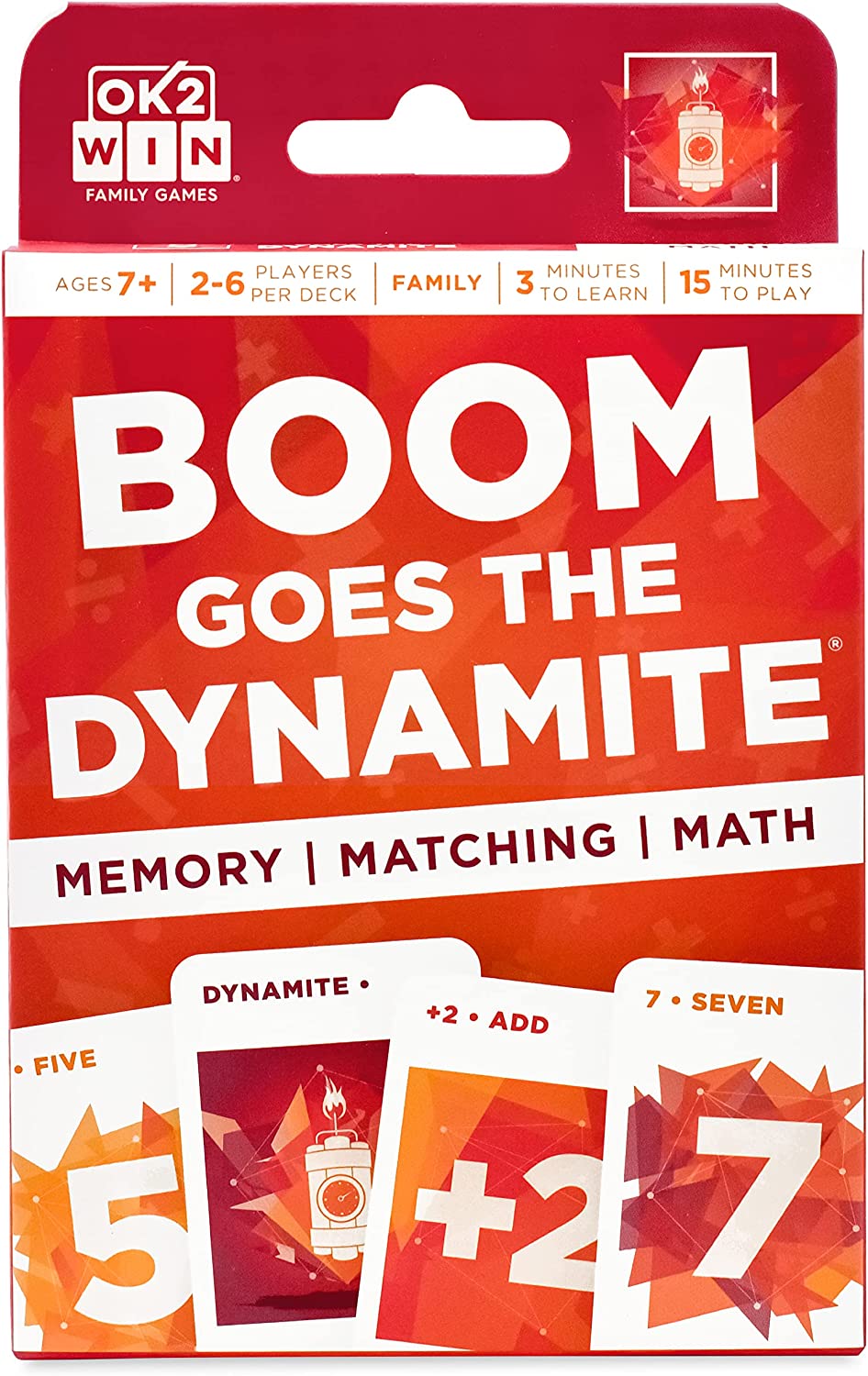 A card game box says Boom Goes the Dynamite. It has pictures of numbers and addition signs on the cards (fun card games)